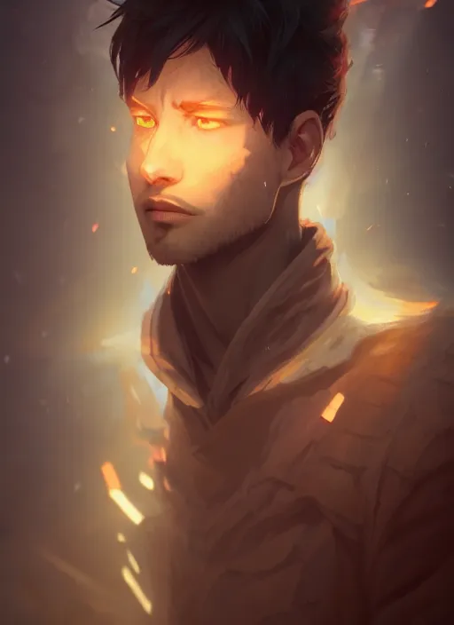 Image similar to a portrait of a male daemon, intricate, tone mapped, ambient lighting, highly detailed, digital painting, artstation, concept art, 4 k, god rays, evil aura, stunning beautiful, glowing eyes, sharp focus, by makoto shinkai and akihiko yoshida and hidari and wlop