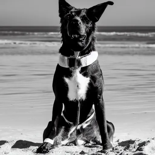 Image similar to black and white photograph of a dog that is a king in the beach