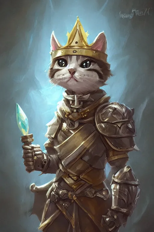 Image similar to cute little anthropomorphic cat knight wearing a cape and a crown, tiny, small, miniature cat , baby animal, short, pale blue armor, cute and adorable, pretty, beautiful, DnD character art portrait, matte fantasy painting, DeviantArt Artstation, by Jason Felix by Steve Argyle by Tyler Jacobson by Peter Mohrbacher, cinematic lighting