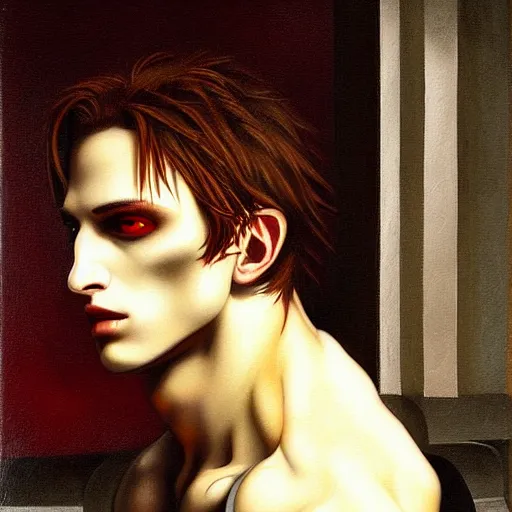 Image similar to attractive twenty first century male vampire beautiful eyes. highly detailed painting by michelangelo 8 k