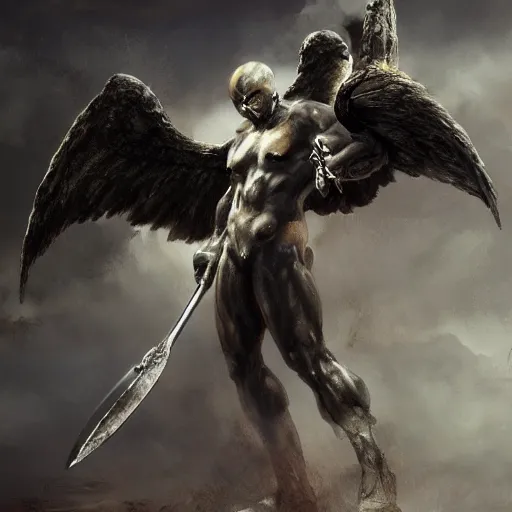 Image similar to a fallen angel with a broken halo wielding a jagged broken blade standing in hell in the style of frank frazetta trending on artstation deviantart pinterest detailed realistic hd 8 k high resolution