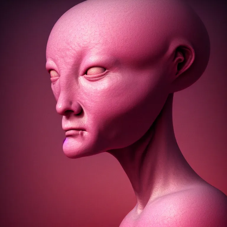 Image similar to closeup portrait of a ribbed pink alien by hieronymus bosch, soft glow bloom lucid dream - like ethereal atmosphere, baroque portrait painting, perfect composition, beautiful intricate detailed octane render trending on artstation, 8 k artistic photography, volumetric cinematic perfect light, chiaroscuro, masterpiece, raphael, caravaggio, rutkowski, beeple, beksinski