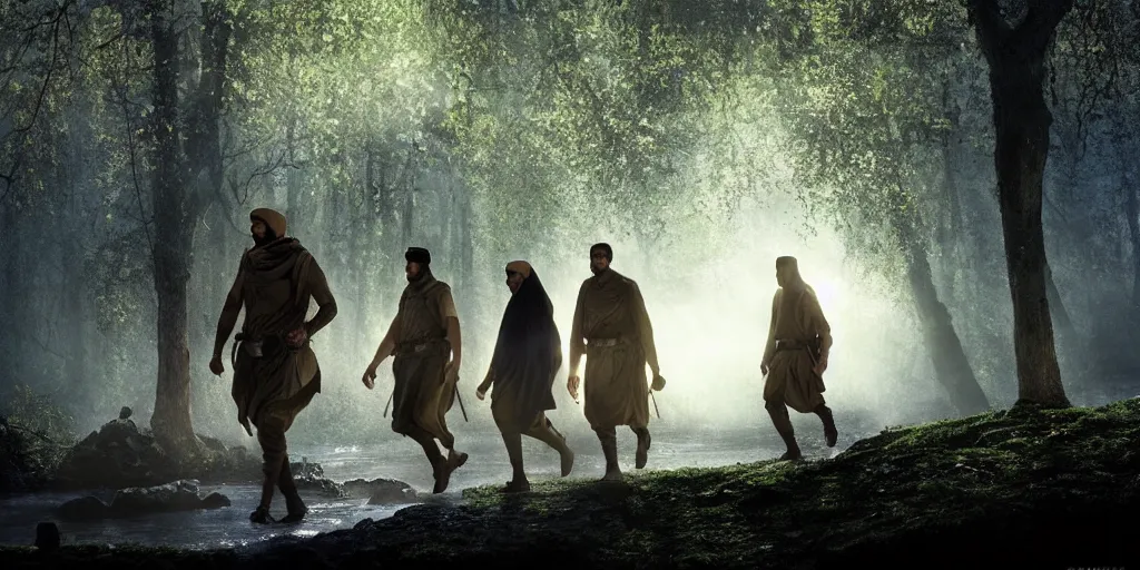 Prompt: muslim adventurers walking along the river bank in a forest, an epic fantasy, dramatic lighting, cinematic, extremely high detail, photorealistic, cinematic lighting, artstation, by Christopher Nolan, 50mm lens, shadow of the tomb rider