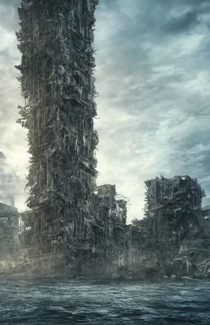 Image similar to Post apocalyptic tall building with its bottom half covered by water, all its lights are on. Cave like structures on the edges of the image. Professional Photography, hyper detailed, sharp focus, 4k.