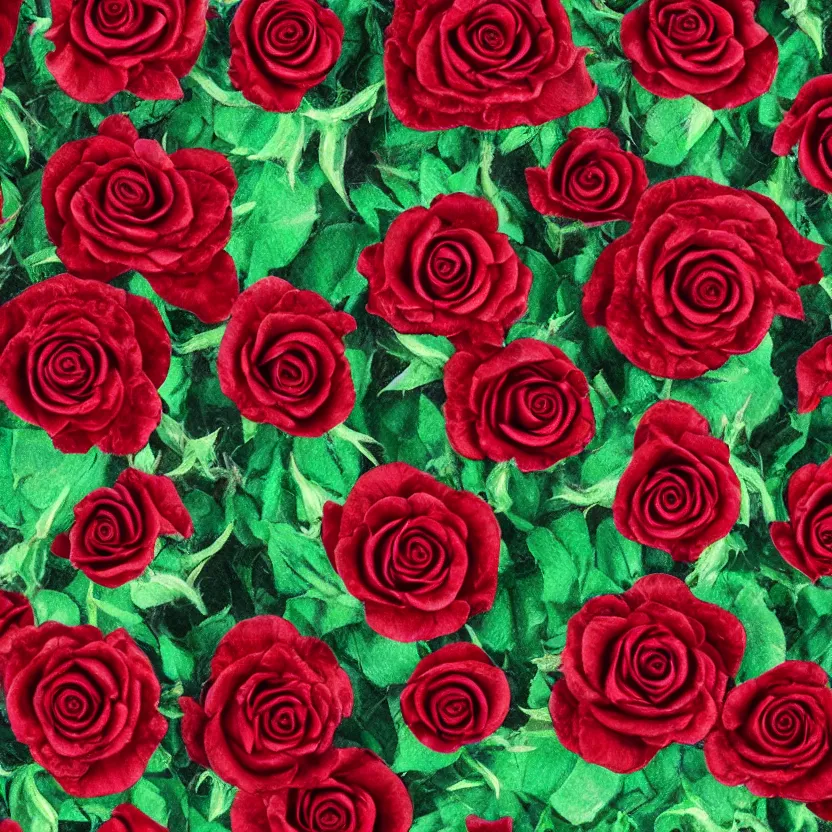 Prompt: deep crimson red rose. symmetrical. 8 k. uhd. synthetic polymer ( house paint ) miniature on vellum.