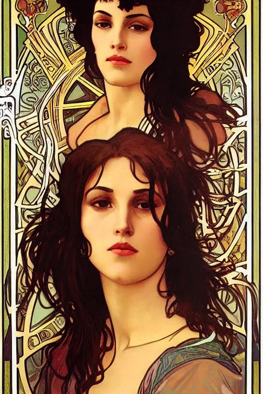 Image similar to portrait of monica belucci from the movie malena, artwork by alphonse mucha