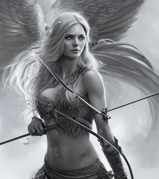 Image similar to beautiful aphrodite goddess as an archer warrior, beautiful piercing eyes, flowing blonde hair, realistic face, black and white drawing, in the style of greg rutkowski, fantasy, amazing detail, epic, intricate, elegant, smooth, sharp focus