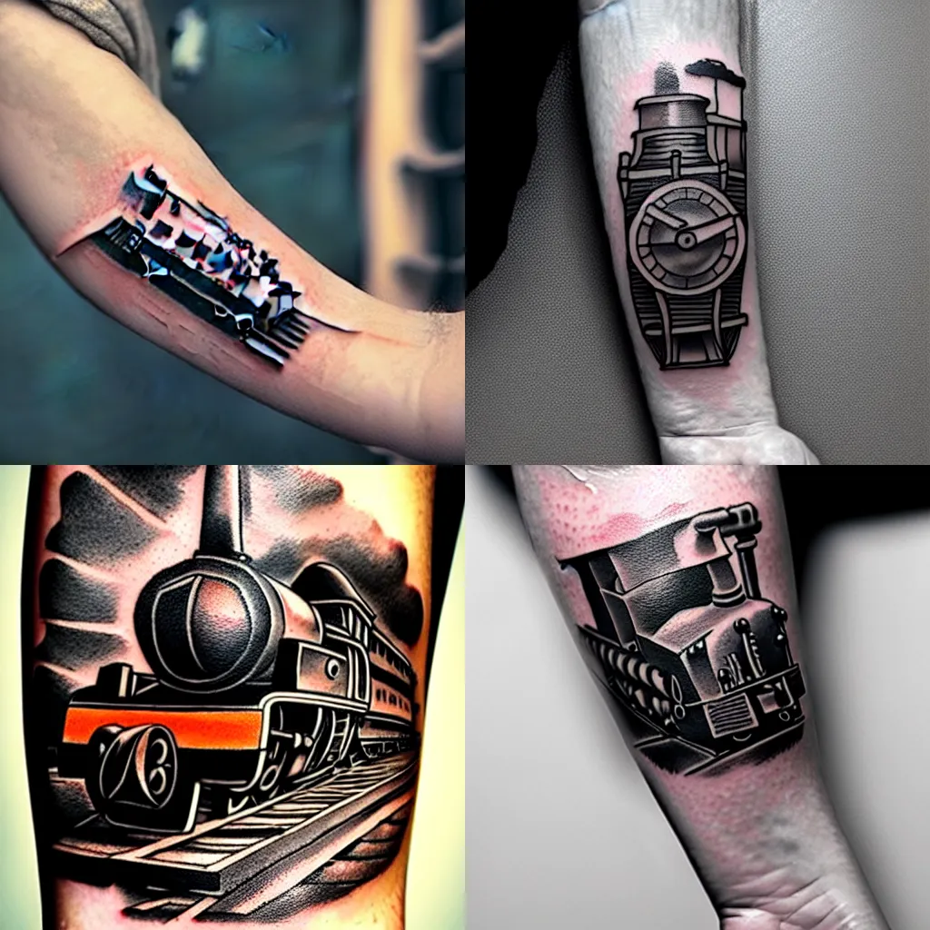Prompt: tattoo of a steam locomotive along length of forearm, long, narrow design, small, from elbow to wrist