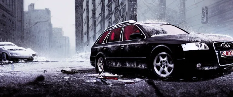 Image similar to Audi A4 B6 Avant (2002), a gritty neo-noir, dramatic lighting, cinematic, eerie person, death, homicide, homicide in the snow, viscera splattered, gunshots, bullet holes, establishing shot, extremely high detail, cracked windows, photorealistic, arson, cinematic lighting, artstation, by simon stalenhag, Max Payne (PC) (2001) winter New York at night, In the style of Max Payne 1 graphic novel, flashing lights, Poets of the Fall - Late Goodbye