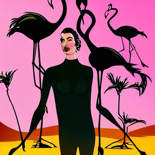 Image similar to A surreal comic noir illustration containing Dita Von Teese and Flamingos on a desert beach oasis by Salvador Dali, dark vibes, high contrast, pastel lighting, cinematic, depth of field, 8k