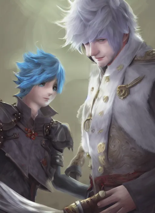 Image similar to Alphinaud Leveilleur meeting Boris Johnson in FF14, digital art