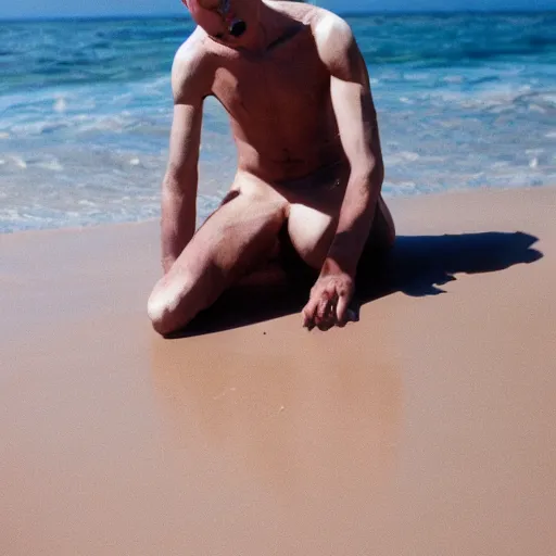 Image similar to nosferatu puting sunscreen on his body on the beach, realistic detailed photography