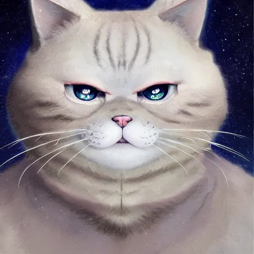 Image similar to A space realistic cat with big and cute eyes, fine-face, realistic shaded perfect face, fine details. realistic shaded lighting poster by Ilya Kuvshinov katsuhiro otomo ghost-in-the-shell, magali villeneuve, artgerm, Jeremy Lipkin and Michael Garmash, Rob Rey and Kentarõ Miura style, trending on art station