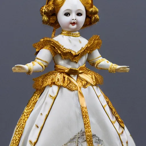 Image similar to ball-jointed doll, porcelain with golden intricate details, dark background