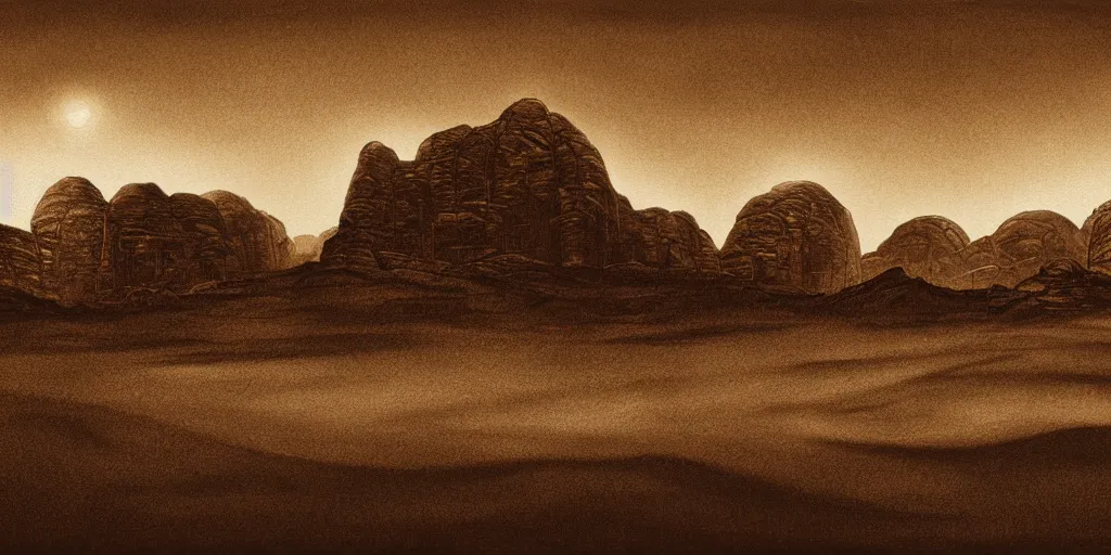 Image similar to a realistic sepia - toned photorealistic painting of wadi rum at night, dark, brooding, atmospheric, lovecraft