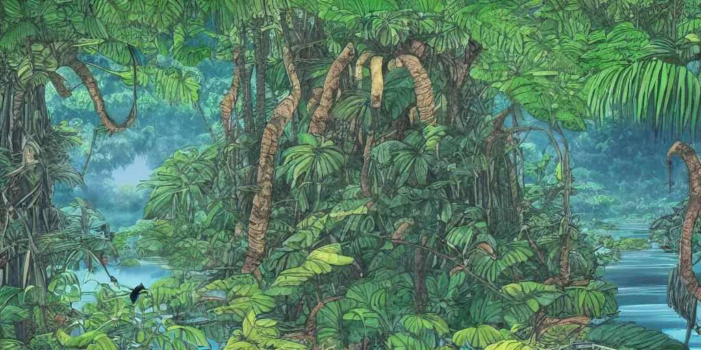 Image similar to sri lankan river jungle, drawn by hayao miyazaki