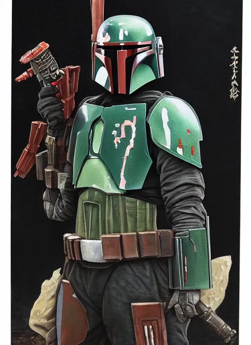 Image similar to boba fett ( mandalorian from star wars ) in a samurai japanese version, very detailed oil painting, dark and realistic, japanese art art