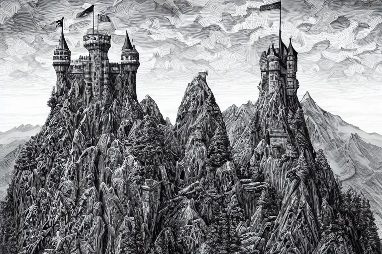 Image similar to a glitch in the simulation, a mountain range with an enormous castle tower sitting on top of the tallest mountain by Joe Fenton, highly detailed, photorealistic, intricate