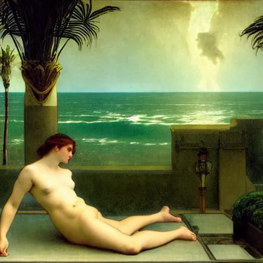 Image similar to Demon girl at the giant column, thunderstorm, greek pool, beach and palm trees on the background major arcana sky, by paul delaroche, alphonse mucha and arnold böcklin arnold böcklin hyperrealistic 8k, very detailed