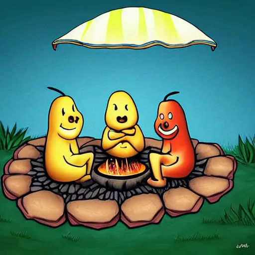 Prompt: anthropomorphic prunes sit around a campfire having a discussion on the taste of pineapples, digital art