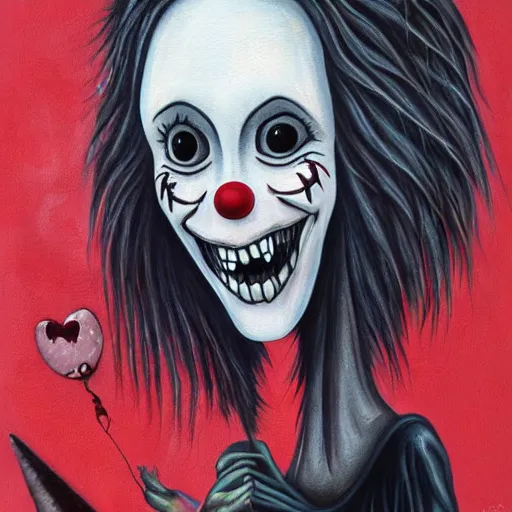 Prompt: grunge cartoon painting of a raven with a wide smile and a red balloon by chris leib, loony toons style, pennywise style, corpse bride style, horror theme, detailed, elegant, intricate