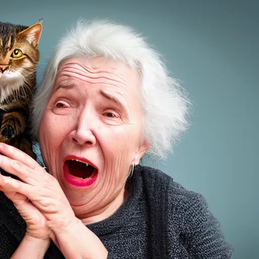 Image similar to an old woman opening her mouth extremely wide and a cat jumping into it