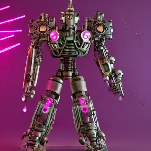 Image similar to a steampunk mech - suit drilling into a mysterious glowing pink crystal with its drill arm, dark cave, pink sparks, purple sparks, studio ghibli, extremely detailed,