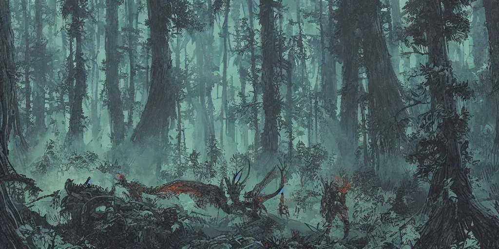 Image similar to a close - up grainy risograph, painting of a scene from the horizon zero dawn, machine monsters, dense forest, dragonflies, fire, fog by moebius and kim jung gi