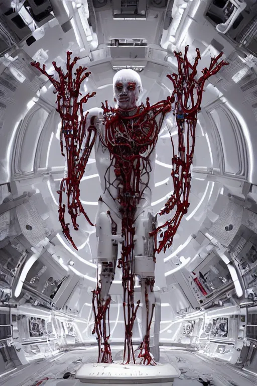 Image similar to white space station interior, white cross on background, a statue jesus on cross made of red marble, perfect symmetrical body, full body shot, inflateble shapes, wires, tubes, veins, jellyfish, white biomechanical details, wearing epic bionic cyborg implants, masterpiece, intricate, biopunk, vogue, highly detailed, artstation, concept art, cyberpunk, octane render