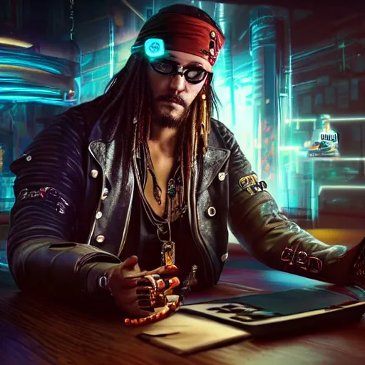 Image similar to high quality portrait of a pirate with four arms in a cyberpunk cyberpunk cyberpunk cafe, realism, 8k, award winning photo