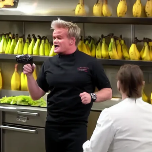 Prompt: Gordon Ramsey screaming at an apprentice that is a banana in the kitchen