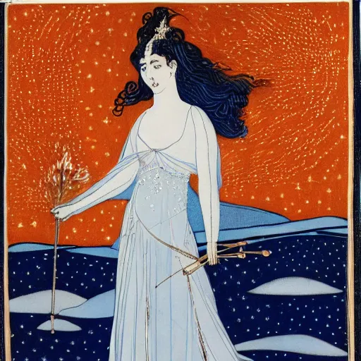 Image similar to The computer art features a woman with wings made of stars, surrounded by a blue and white night sky. The woman is holding a staff in one hand, and a star in the other. She is wearing a billowing white dress, and her hair is blowing in the wind. burnt orange, Aztec by Aubrey Beardsley, by Horace Vernet