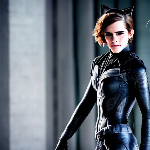 Image similar to Emma Watson as Catwoman, Fujifilm X-T3, 1/1250sec at f/2.8, ISO 160, 84mm, 8K, RAW, symmetrical balance, Dolby Vision