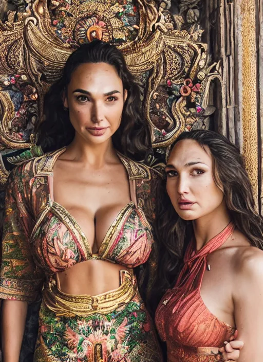 Prompt: portrait of gal gadot and lindsey pelas wearing kebaya in bali temple, by charlotte grimm, natural light, detailed face, beautiful features, symmetrical, canon eos c 3 0 0, ƒ 1. 8, 3 5 mm, 8 k, medium - format print, half body shot