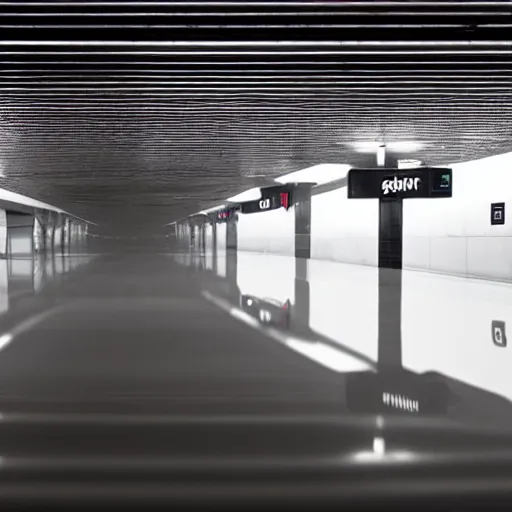 Prompt: photo of a subway station, the floor is flooded with one meter deep water. eerie, volumetric lighting