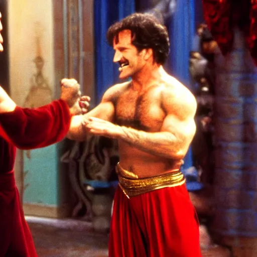 Image similar to a photo of robin williams turning into the genie from disney's aladin mid fight during a fist fight with bruce willis from die hard