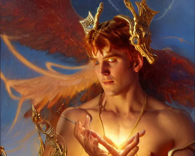 Image similar to attractive pagan male deity, summoning handsome lucifer morning star. highly detailed painting by gaston bussiere, craig mullins, j. c. leyendecker 8 k