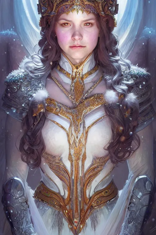 Prompt: portrait of a young beautiful snow queen, intricate colorful armor, Warhammer-inspired, fantasy, intricate, beautiful eyes, realistic, cinematic lighting, highly detailed, digital painting, Artstation, concept art, smooth, sharp focus, illustration, art by Artgerm and Greg Rutkowski and Alphonse Mucha