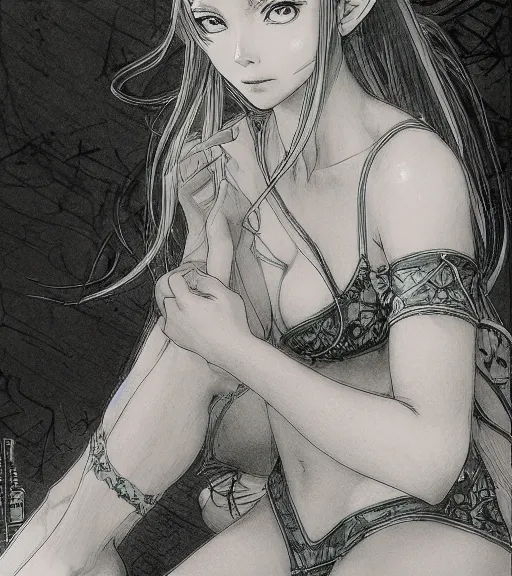 Prompt: portrait of anime elf girl wearing swimsuit, pen and ink, intricate line drawings, by craig mullins, ruan jia, kentaro miura, greg rutkowski, loundraw