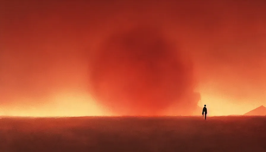 Image similar to silhouette of tiny man walking away from camera, circular, orb, tornado, very wide angle, low horizon, seen from behind, symmetry, dramatic, red, fire, ( land ), by greg rutkowski, artstation