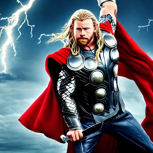 Image similar to thor with canine head, holding a hammer, cinematic thunder background