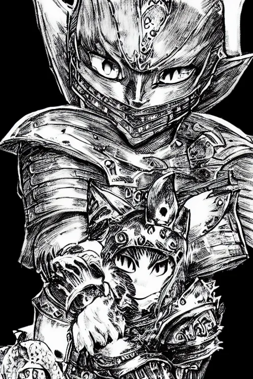 Image similar to Baby Kitten as a knight, highly detailed, black and white, manga, art by Kentaro Miura