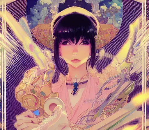 Prompt: paralytic feast on the rhinestone sky : : electric visions in nightmares, illustration trending on artstation, anime. by hayao miyazaki and rossdraws and artgerm and greg rutkowski and alphonse mucha and studio ghibli and ilya kuvshinov. high quality, stunning, intricate detailed character. 8 k