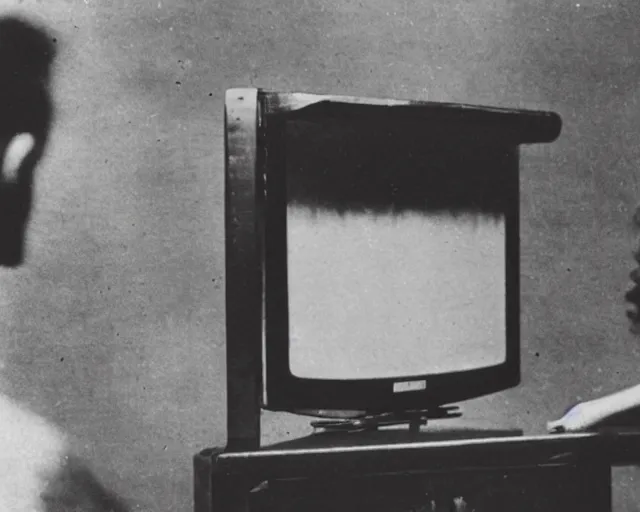 Image similar to 1 9 0 0 s photo of a person watching a flat screen hd tv