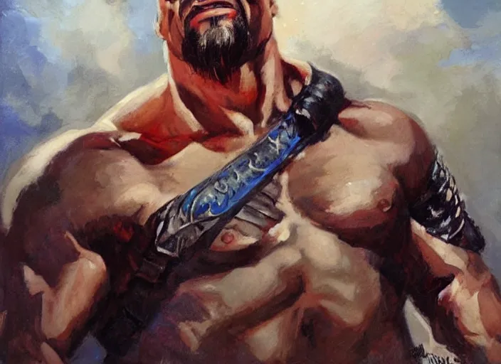 Image similar to a highly detailed beautiful portrait of the rock as kratos, by gregory manchess, james gurney, james jean