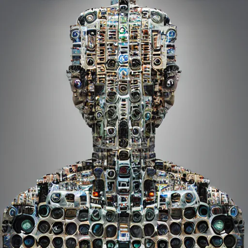 Image similar to a photo portrait of a robot created from empty beer bottles and cardboard boxes. symmetry, awesome exposition, scifi, very detailed, highly accurate, professional lighting diffracted lightrays, 8 k, sense of awe