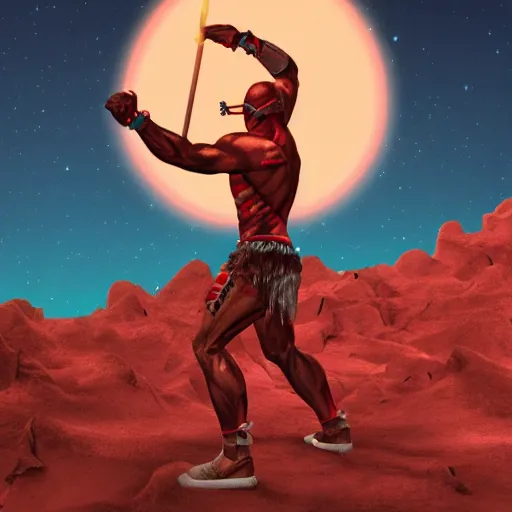 Prompt: muscular barbarian on mars, standing on boulder, science fiction pulp illustration, bisexual lighting