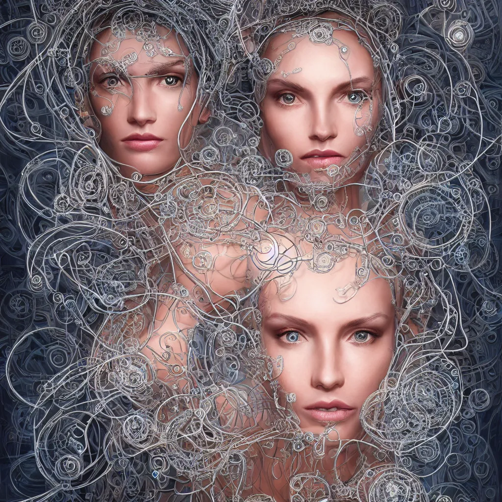 Image similar to one very beautiful woman integrating with technology, full face frontal centered, portrait, insipiring, detailed intricate ornate cables connected to head, big open electric eyes, luxurious detailed abundent wiring and implants, diamonds, sci-fi, neon, emeralds, detailed technology full background, highly detailed, artstation, Rene Lalique and Eddie Mendoza