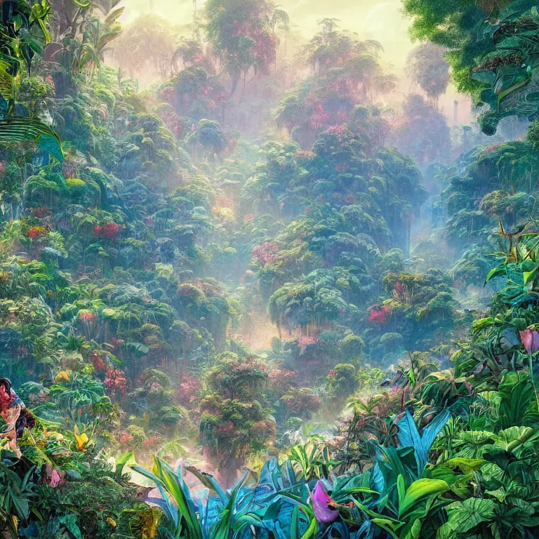 Prompt: a beautiful painting of jungle plants, flowers, river, surrounded by magical lighting, 4 k unreal engine renders, ultrawide angle, by victo ngai, geof darrow, peter mohrbacher, johfra bosschart, thomas kinkade, hd, pastel color scheme