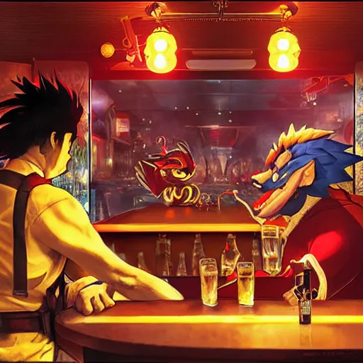 Image similar to an ultra detailed illustration of shadow the hedgehog and bowser sitting in a bar drinking beer, dive bar with a karaoke machine, volumetric lighting, 4 k, octane render, art by greg rutkowski and alphonse mucha and andreas rocha and albert bierstadt